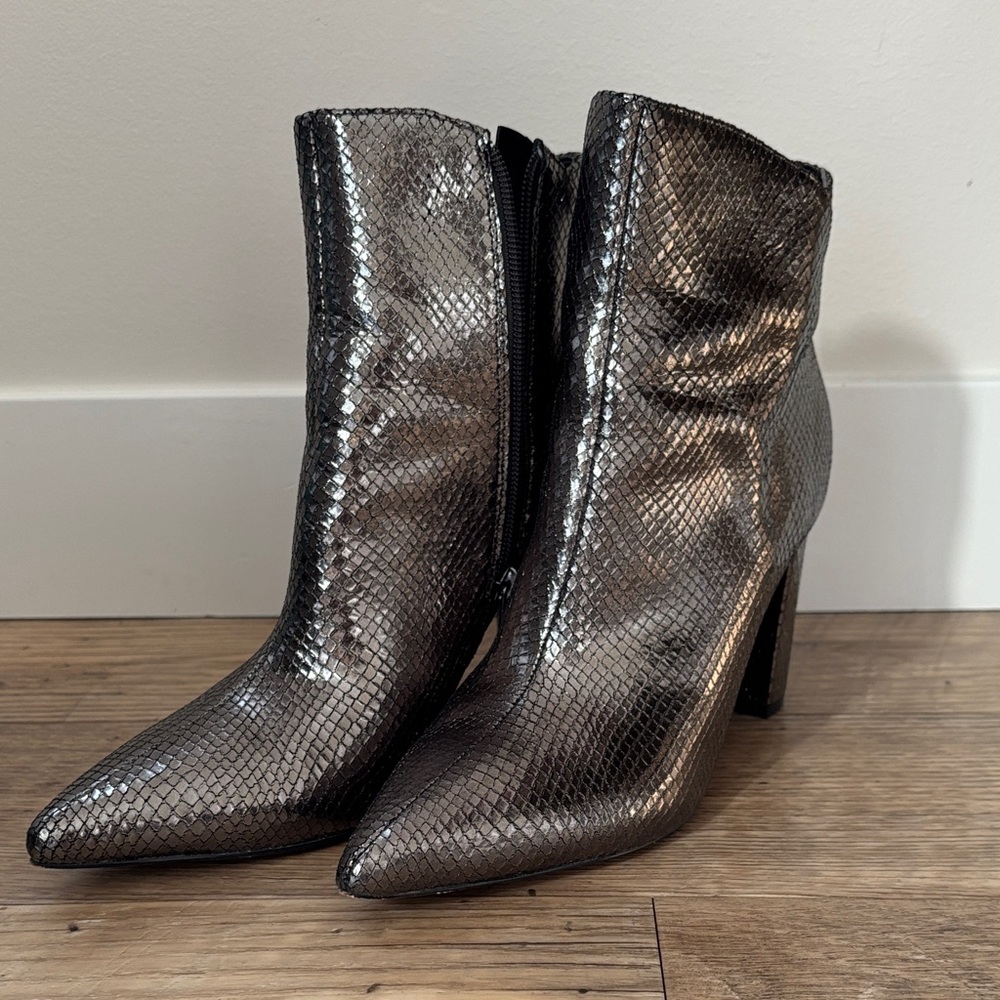 Marc Fisher Silver Snakeskin Booties